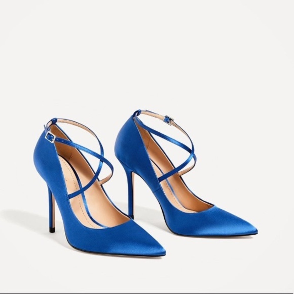 Zara Electric Blue Satin Crossover Heels With Pointed Toe